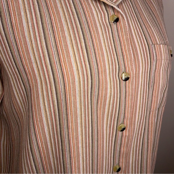 Vintage Large Blair Orange Striped Button Up Top Cuffed Short Sleeve Stretch - Picture 8 of 16